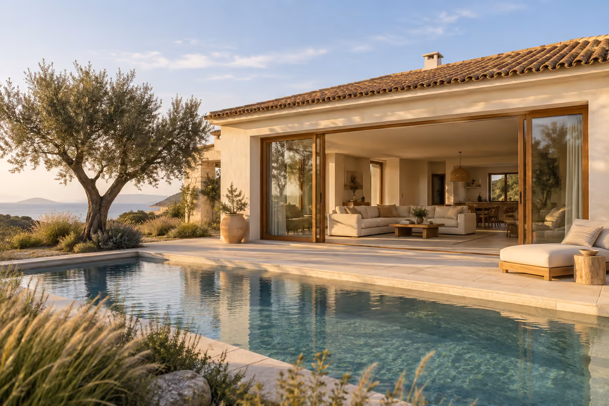 A whitewashed villa with a terracotta roof and a pool among olive trees